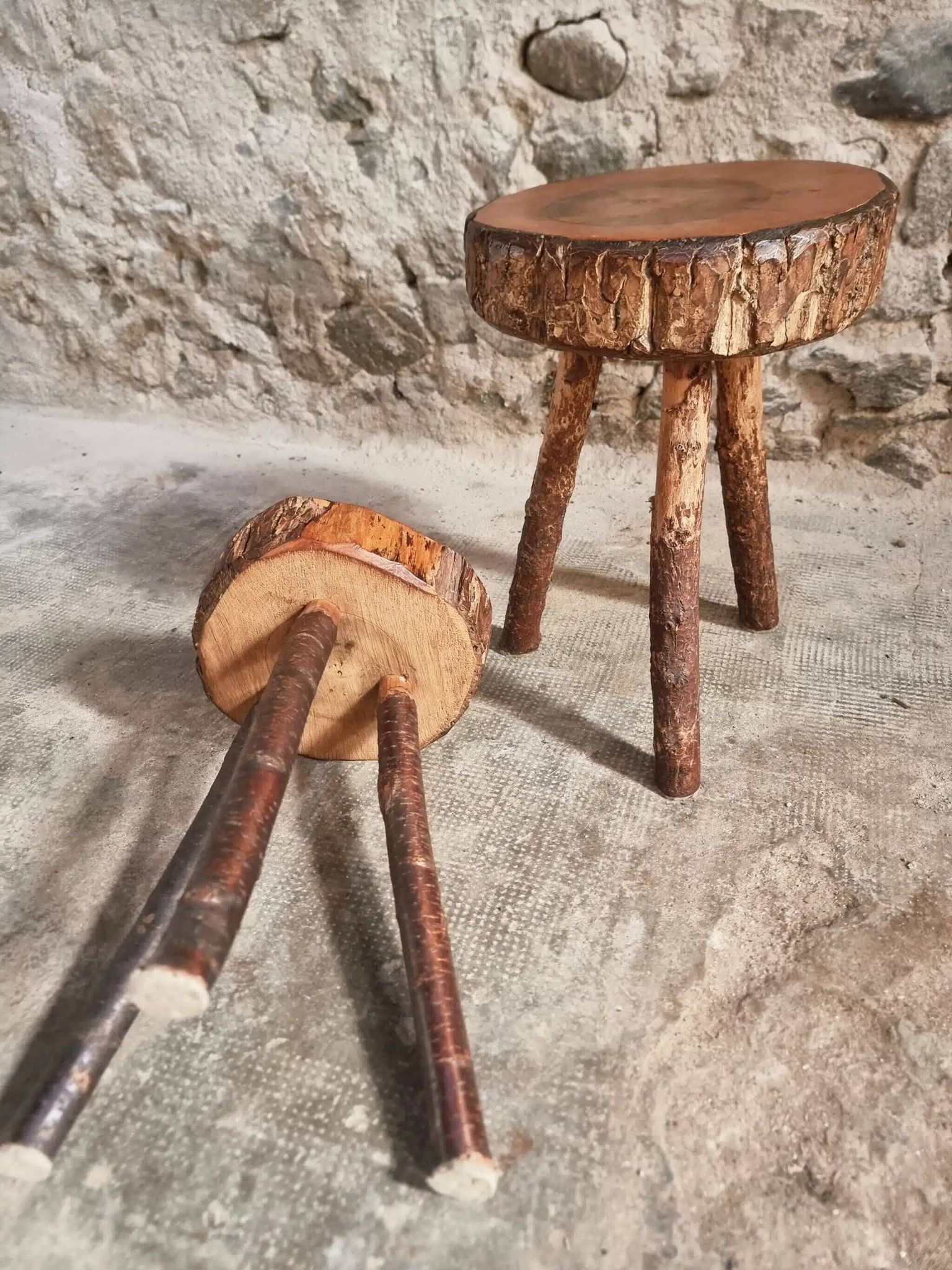 Vintage wooden tripod stools, set of 2, France 1960s