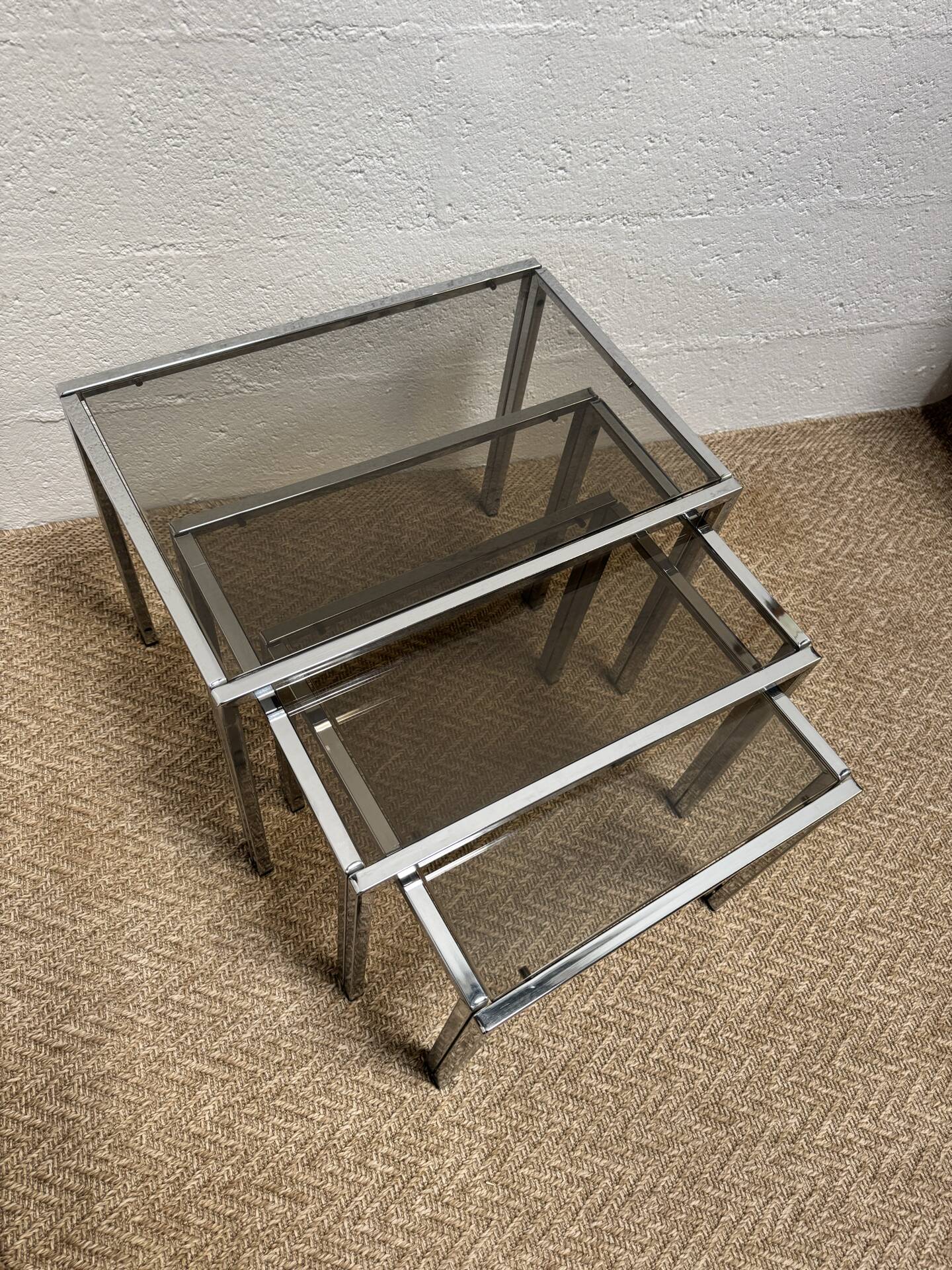 Set of 3 vintage nesting tables – Chrome metal & smoked glass
