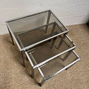 Set of 3 vintage nesting tables – Chrome metal & smoked glass
