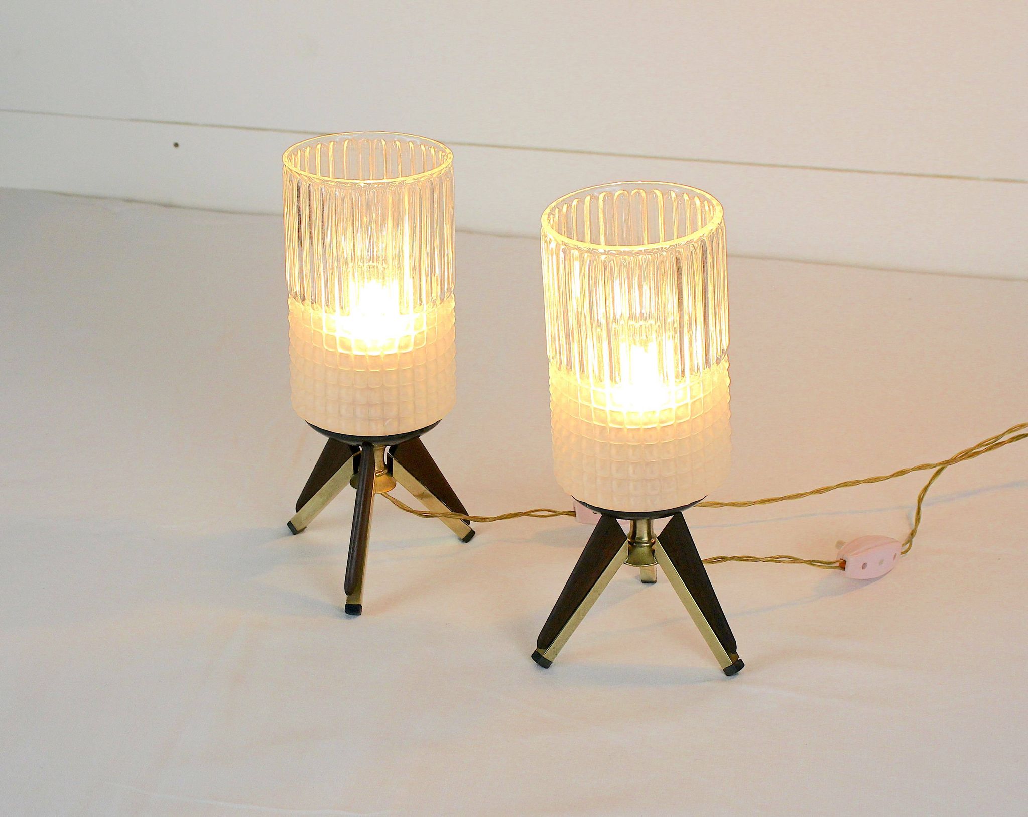 Pair of bedside lamps, Brass, Teak, Venetian glass, Italy, 1950