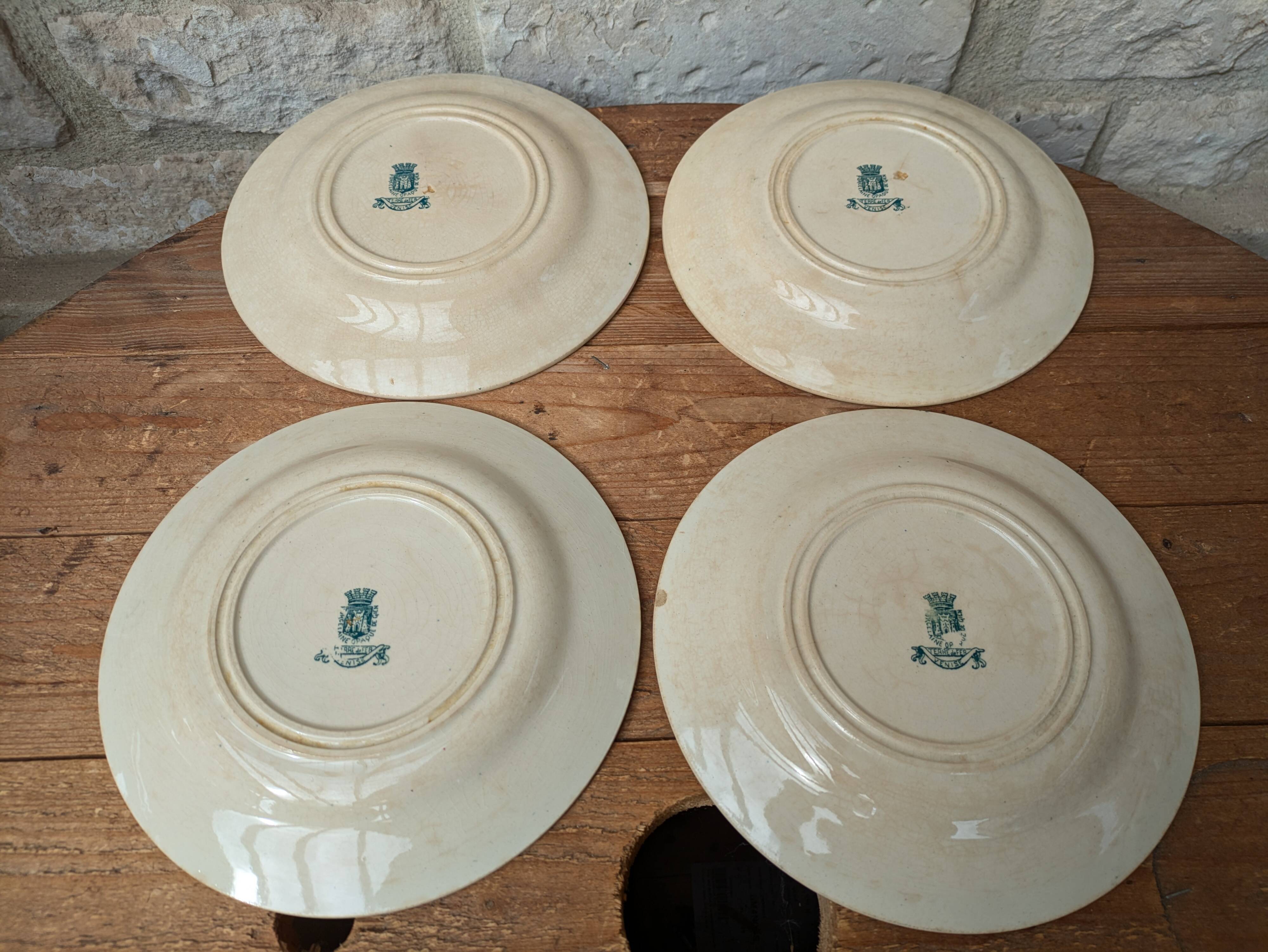 Set of 4 old opaque porcelain plates from Gien, Venice Terre de fer model