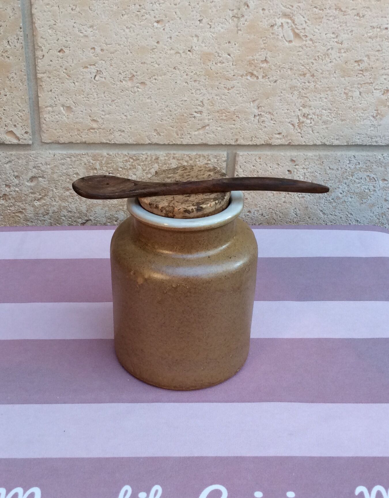 Sandstone mustard pot with cork and olive wood spoon - vintage