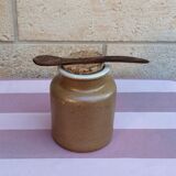 Pot à moutarde en grès avec bouchon liège et cuillère en bois d olivier - vintage