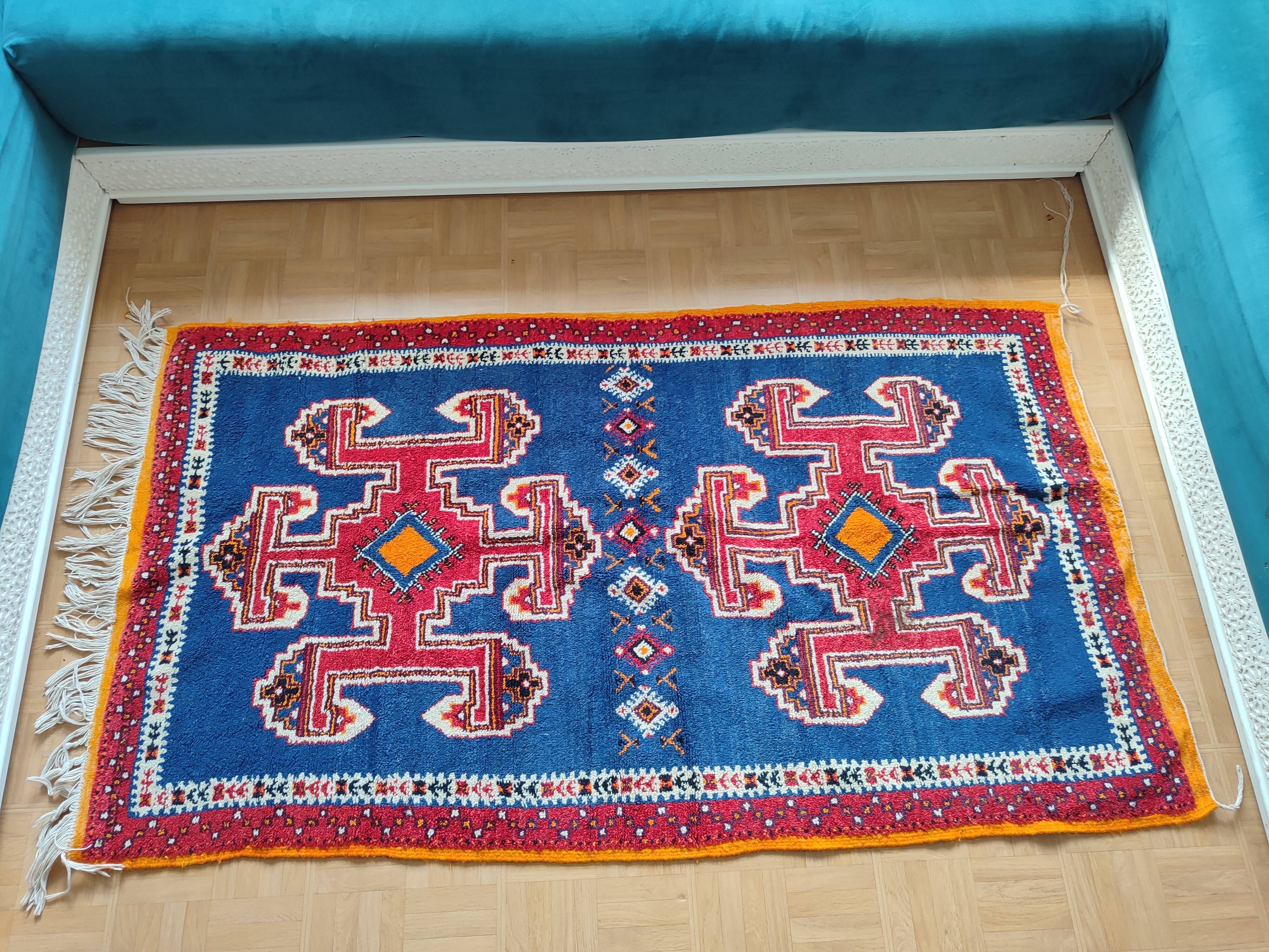 Handmade Berber Rug Blue Majorelle & Red - 112 x 200 cm