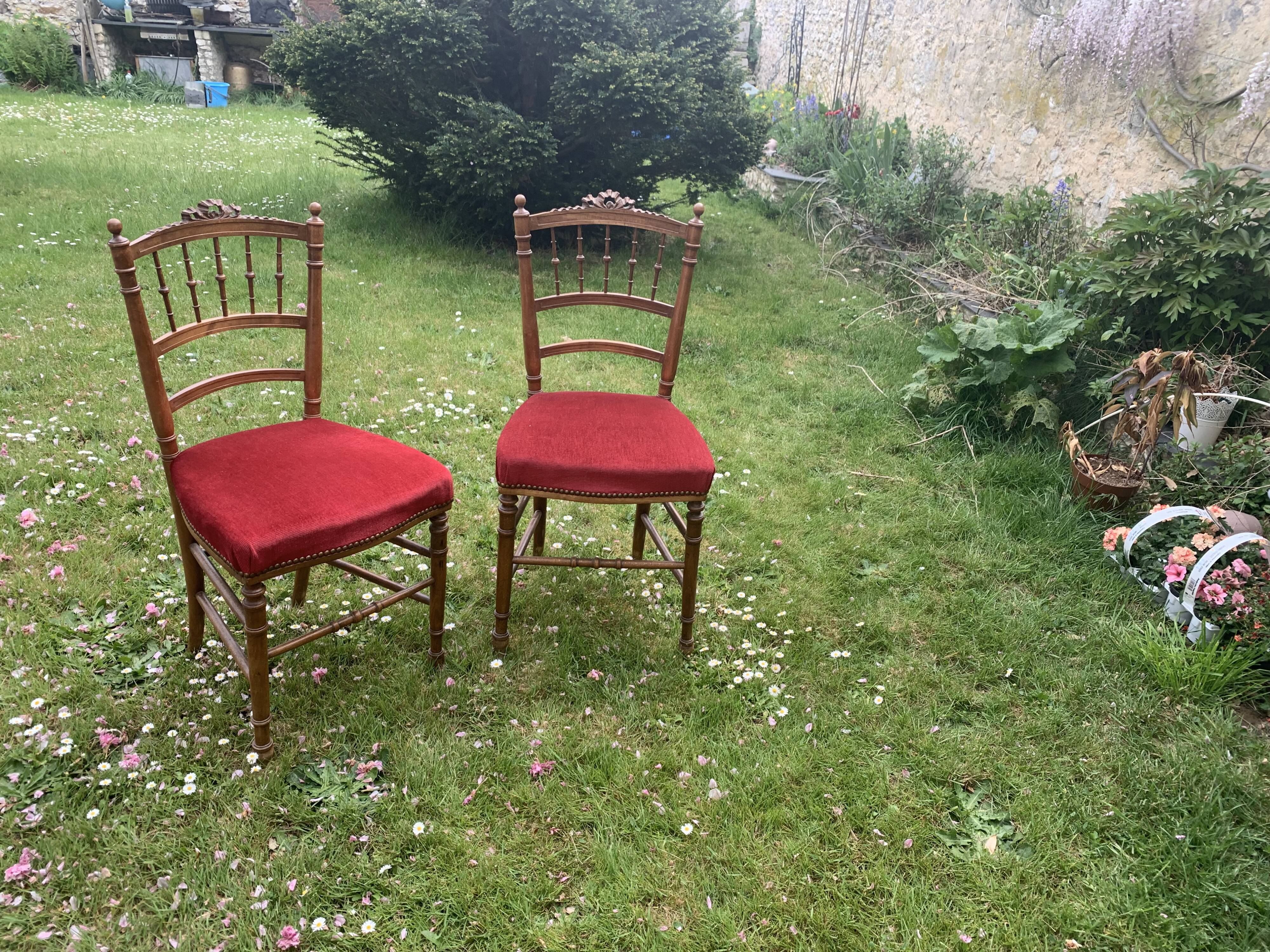 Pair of Napoleon III chairs in wood and red velvet