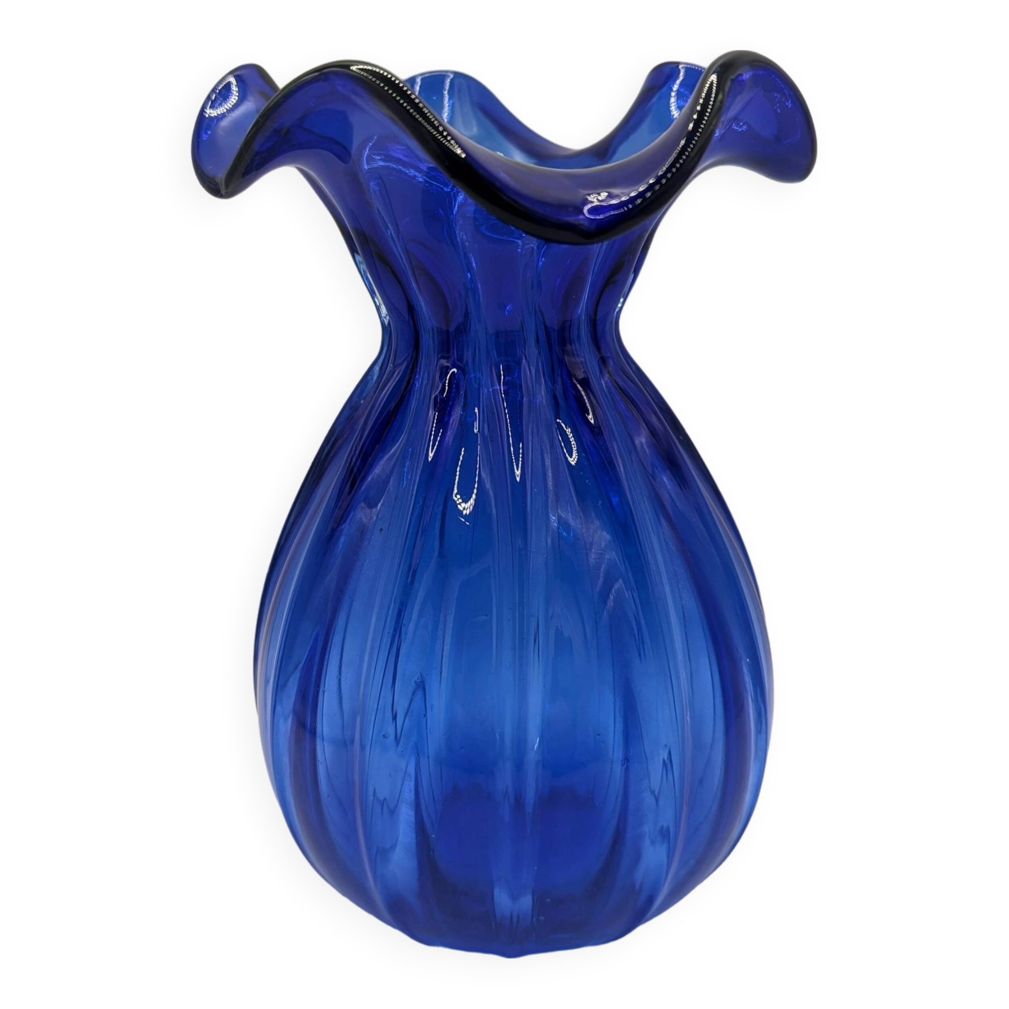 Cobalt Blue Ruffled Edge Ribbed Glass Vase
