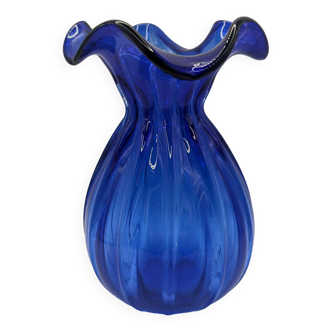Cobalt Blue Ruffle-Edged Ribbed Glass Vase
