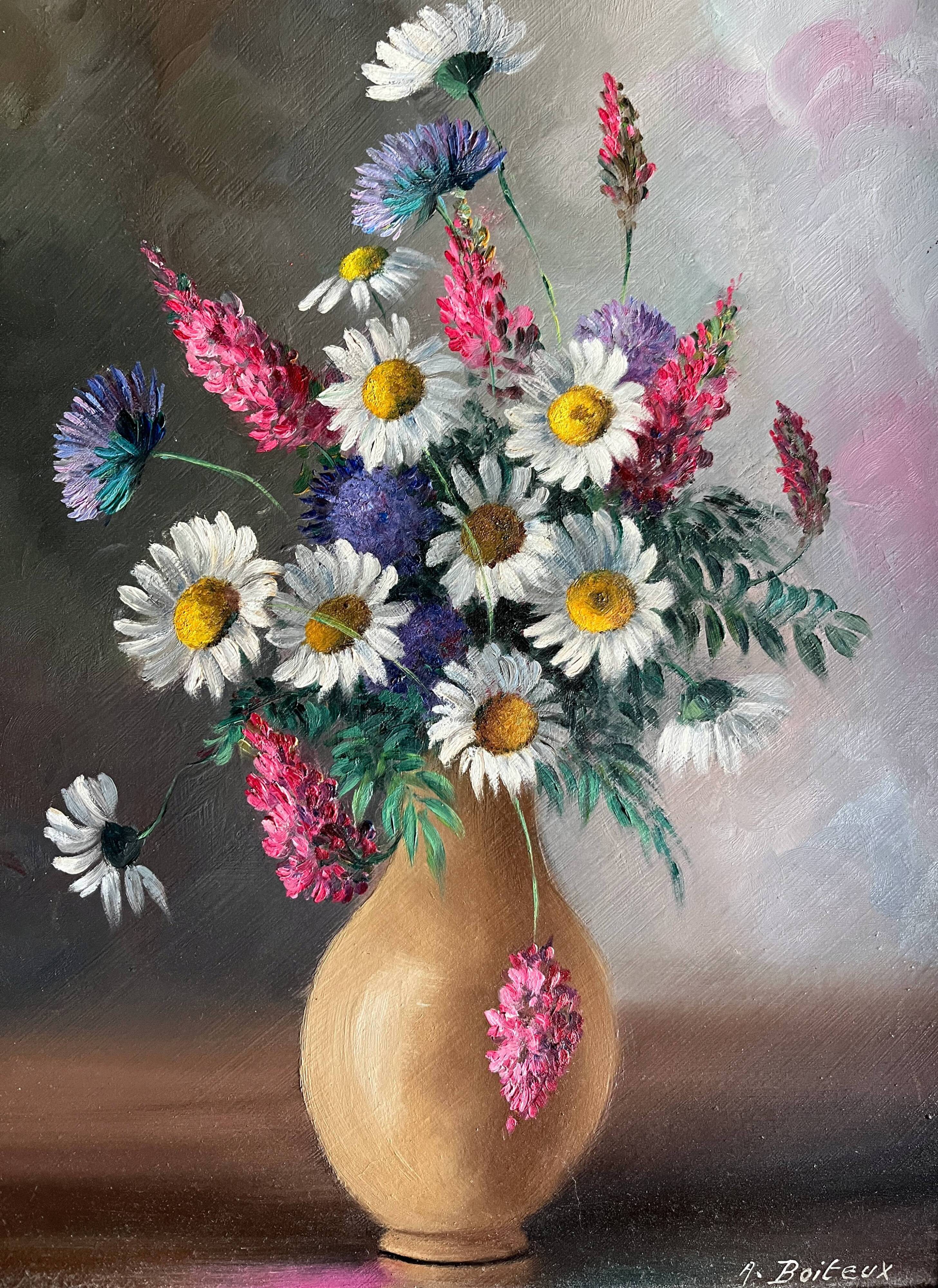 HST painting Bouquet of wild flowers signed Aug. Boiteux + frame