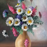 Tableau HST Bouquet de fleurs des champs signé Aug. Boiteux + cadre