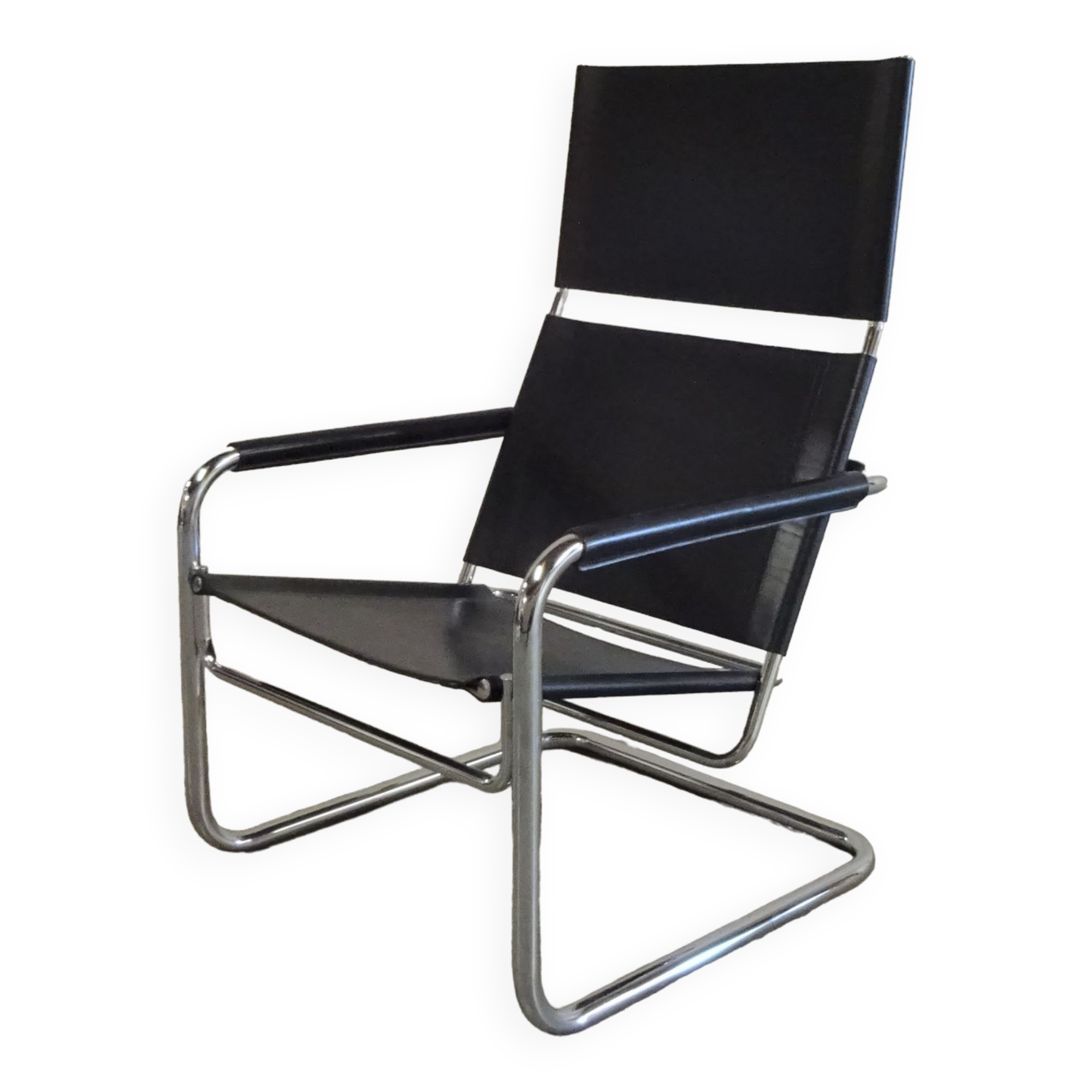Tubular Lounge Armchair Model Rondo High with black leather by Heinrich Pfalzberger for Ag Wohnbarf