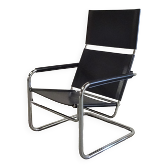 Tubular Lounge Armchair Model Rondo High with black leather by Heinrich Pfalzberger for Ag Wohnbarf