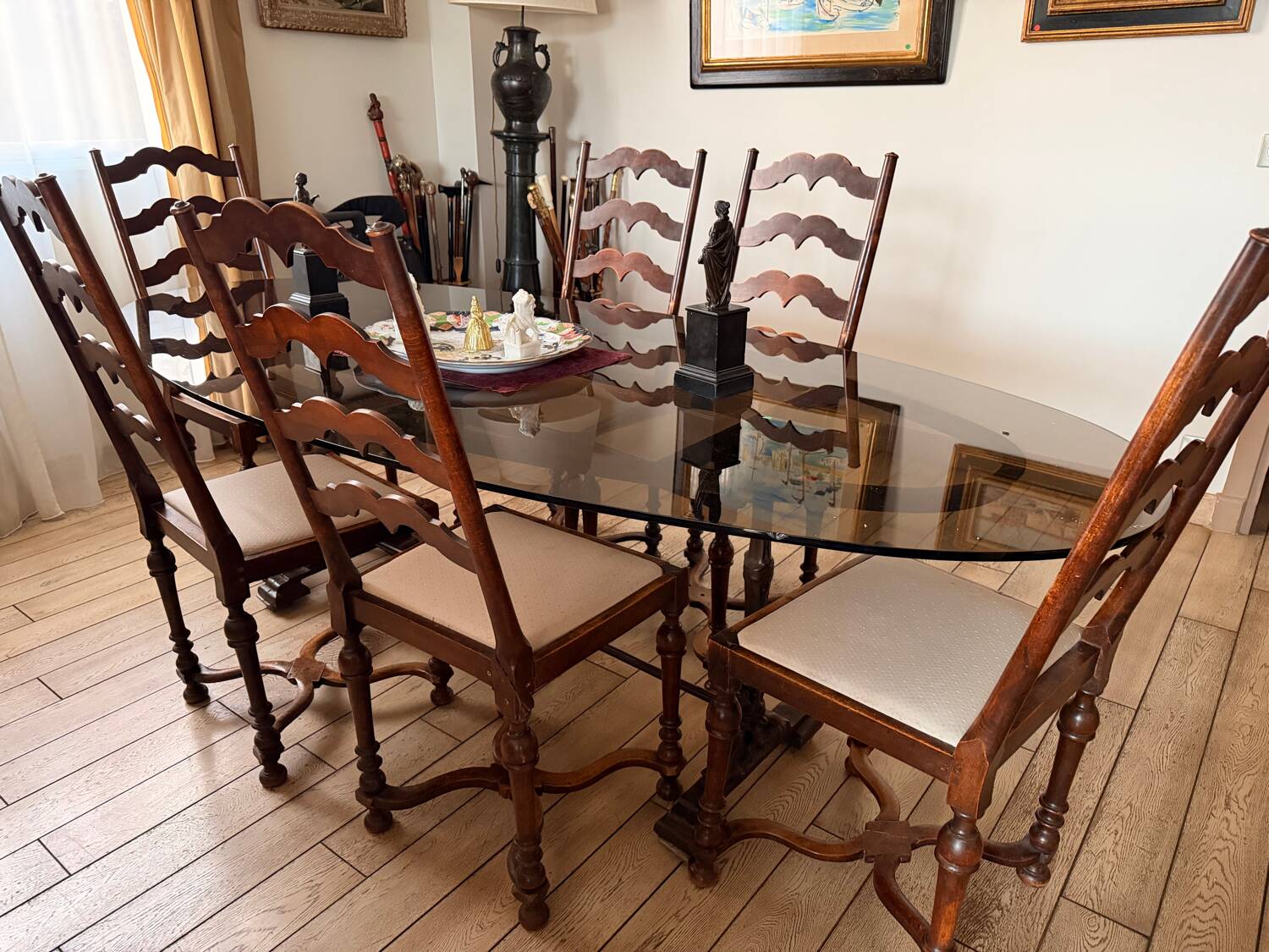 Large antique dining table in wrought iron and smoked glass,