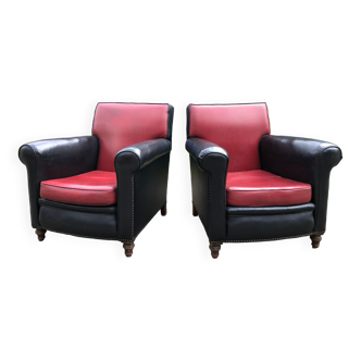 Duo of vintage club armchairs in red and black leatherette