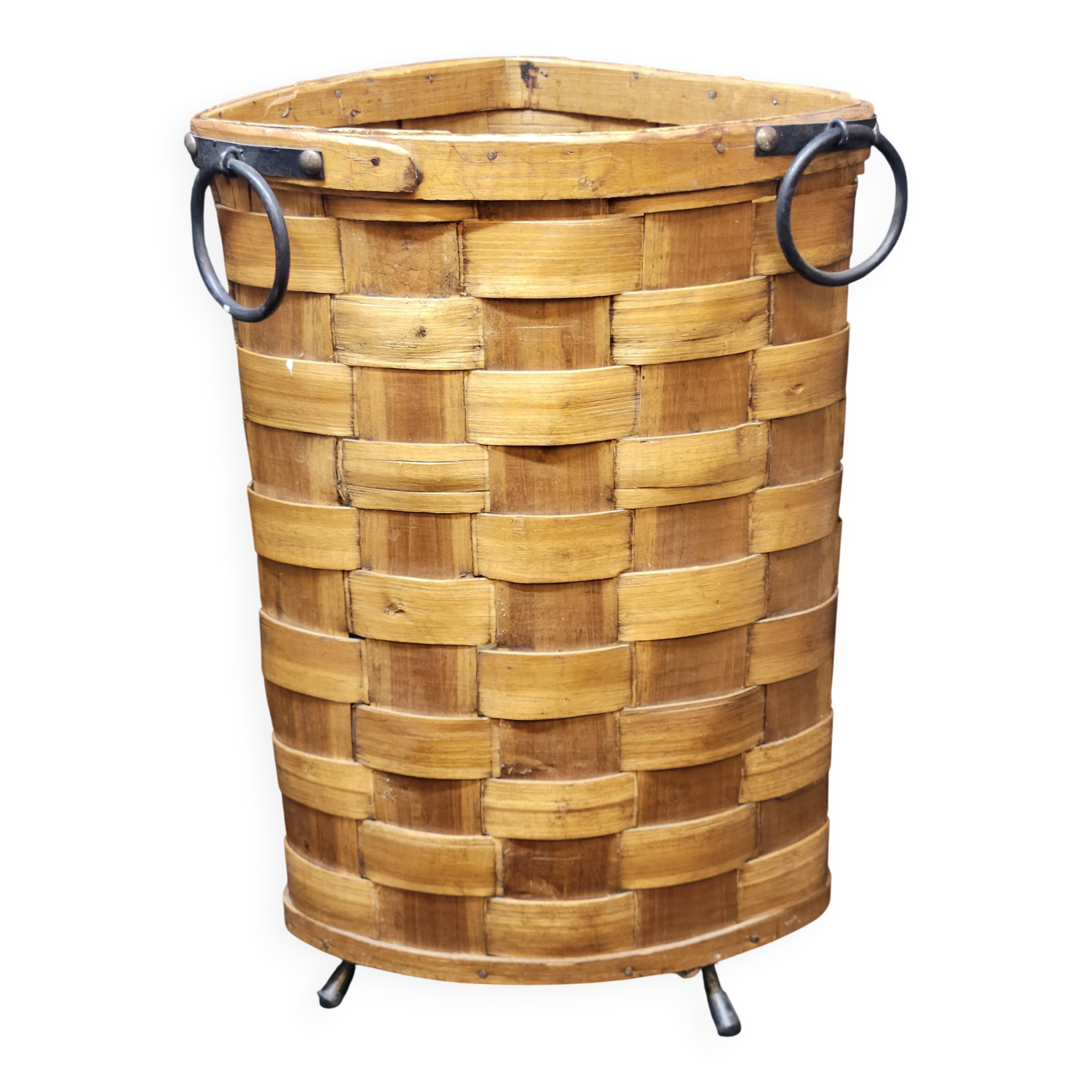 Antique vintage corner woven wooden basket umbrella holder / basket