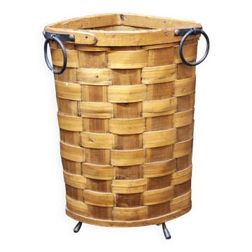 Antique vintage corner woven wooden basket umbrella holder / basket