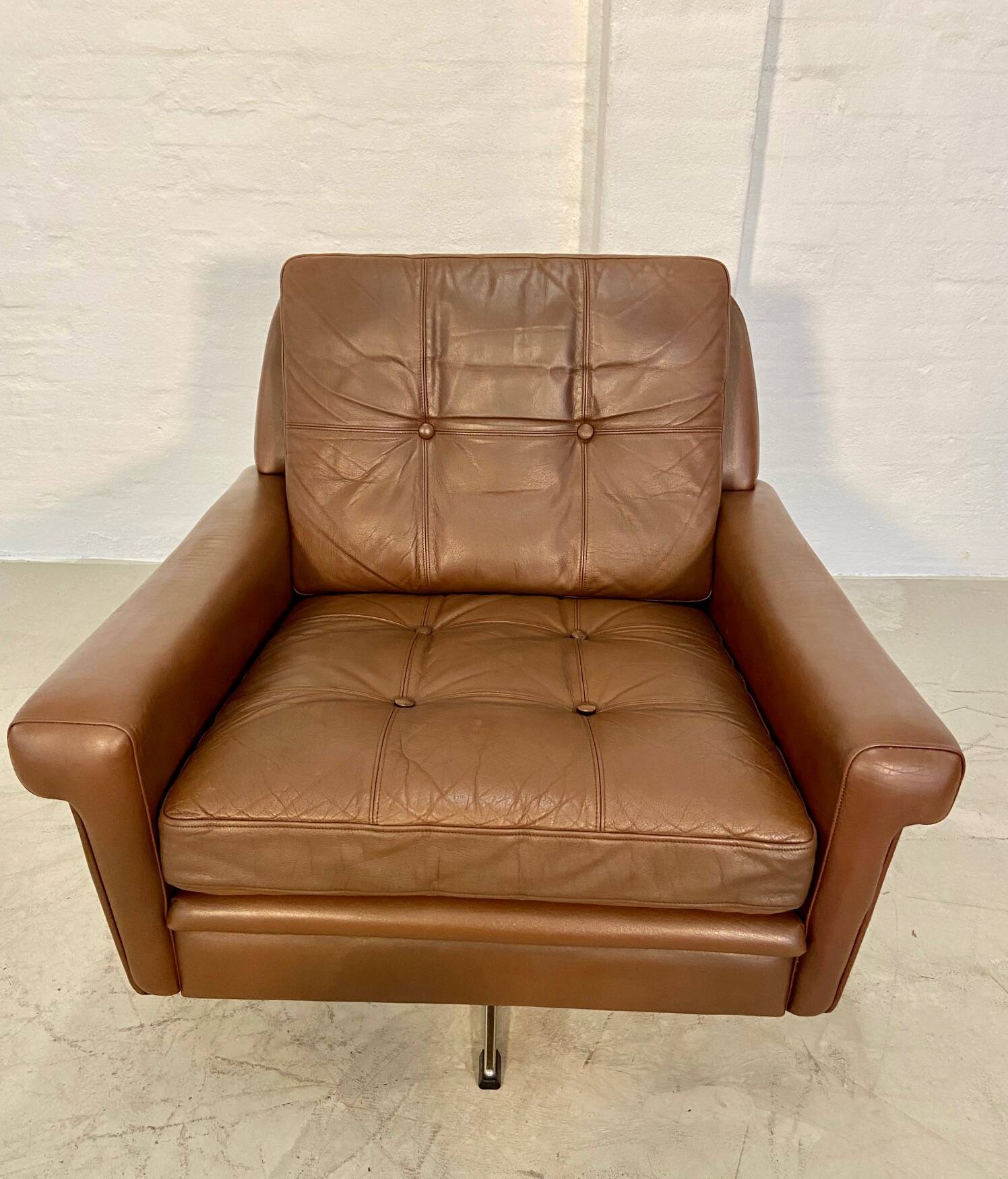 Vintage danish retro mid-century svend skipper brown leather chair & stool 60s