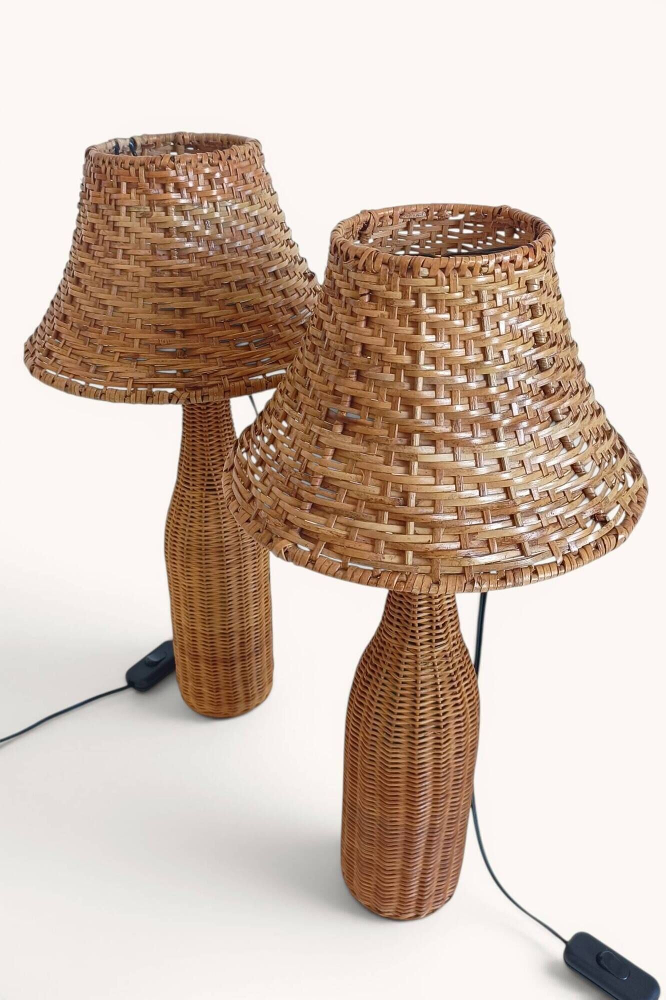 Pair of Table Lamps in Handwoven Wicker and Rattan, France, 1960s