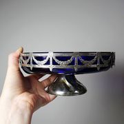 Antique cobalt glass and silver-plated metal bowl, Louis XVI style, circa 1900-1920.