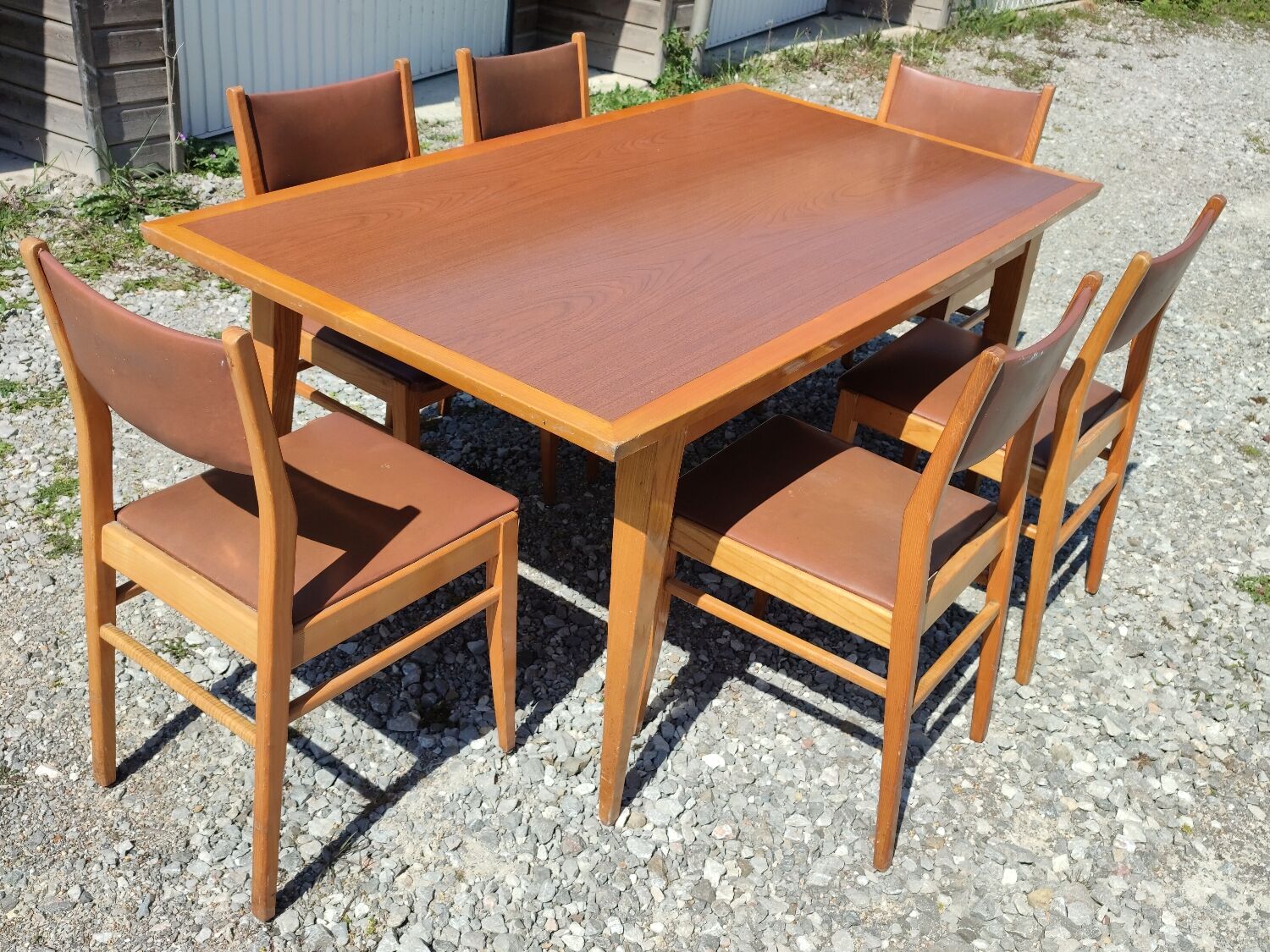 Formica teak table + 10 vintage Scandinavian style chairs