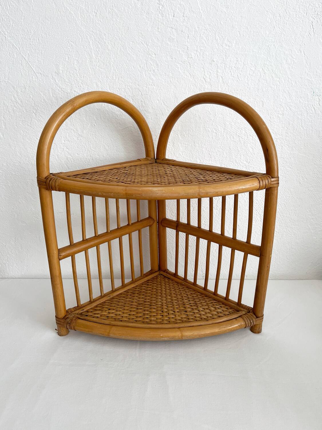 Vintage bamboo and rattan corner shelf