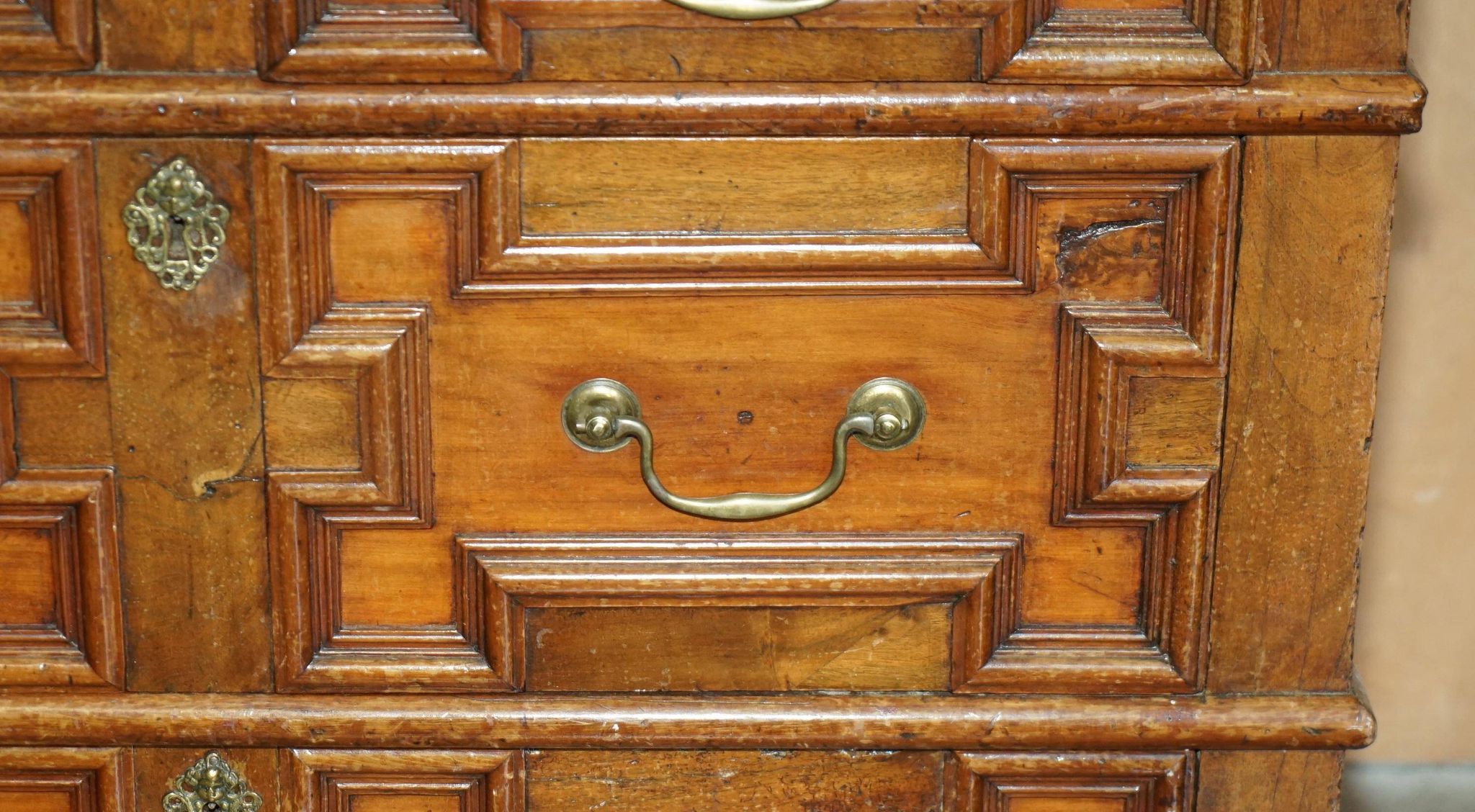 17th Century Antique Oak Commode with Two Rows of Drawers