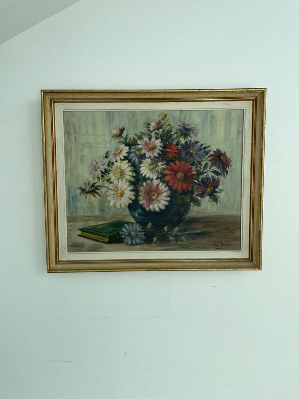Vintage, peinture à l'huile, nature morte au bouquet de fleurs, livre, XXème siècle, signé