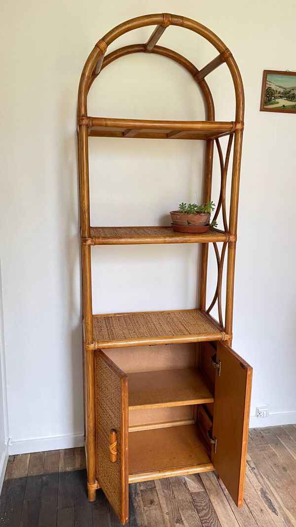Etagère, bibliothèque en osier et rotin vintage