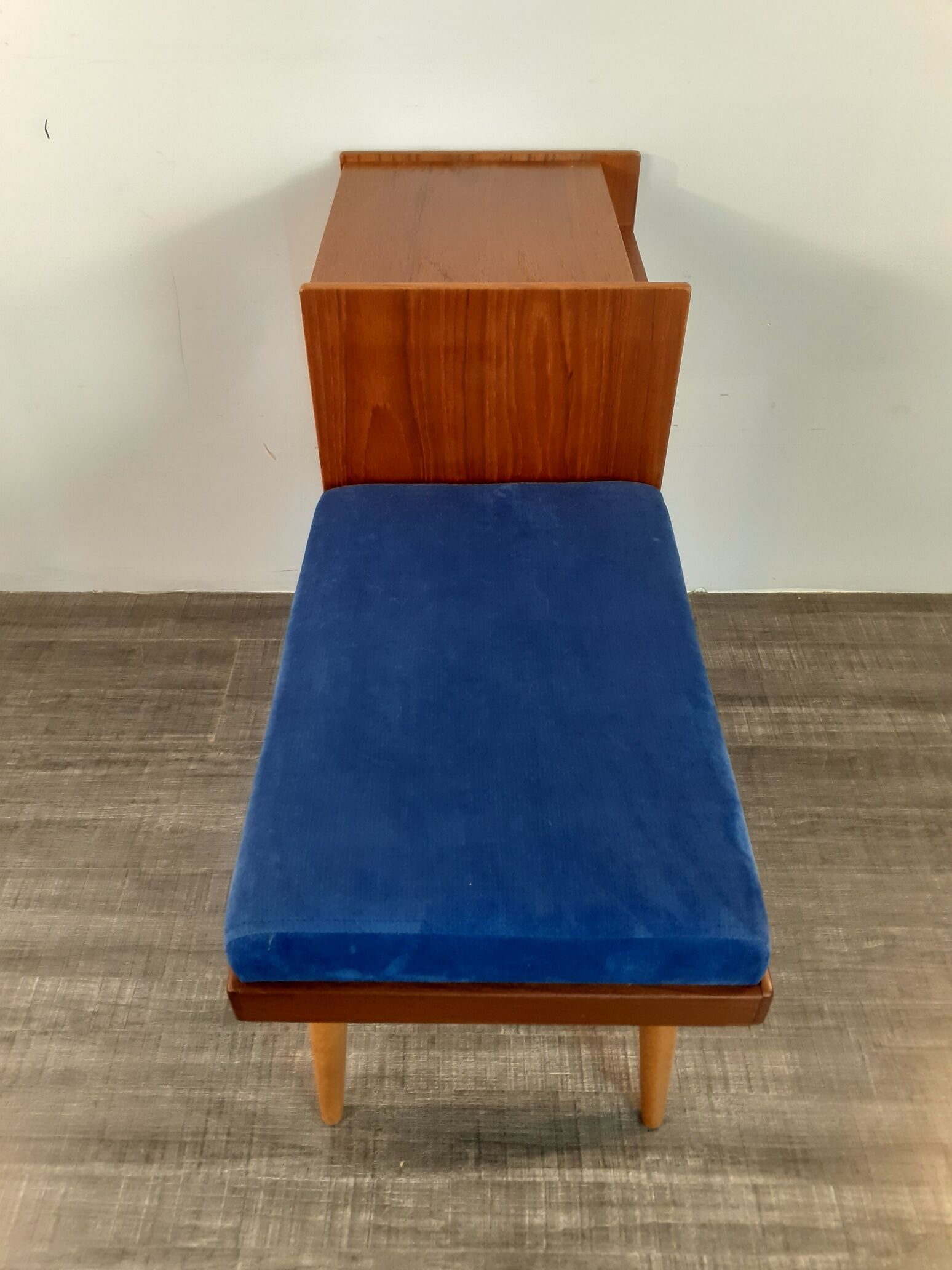 Bench Norwegian Phone Teak and blue fabric, Vintage Scandinavian 1970s