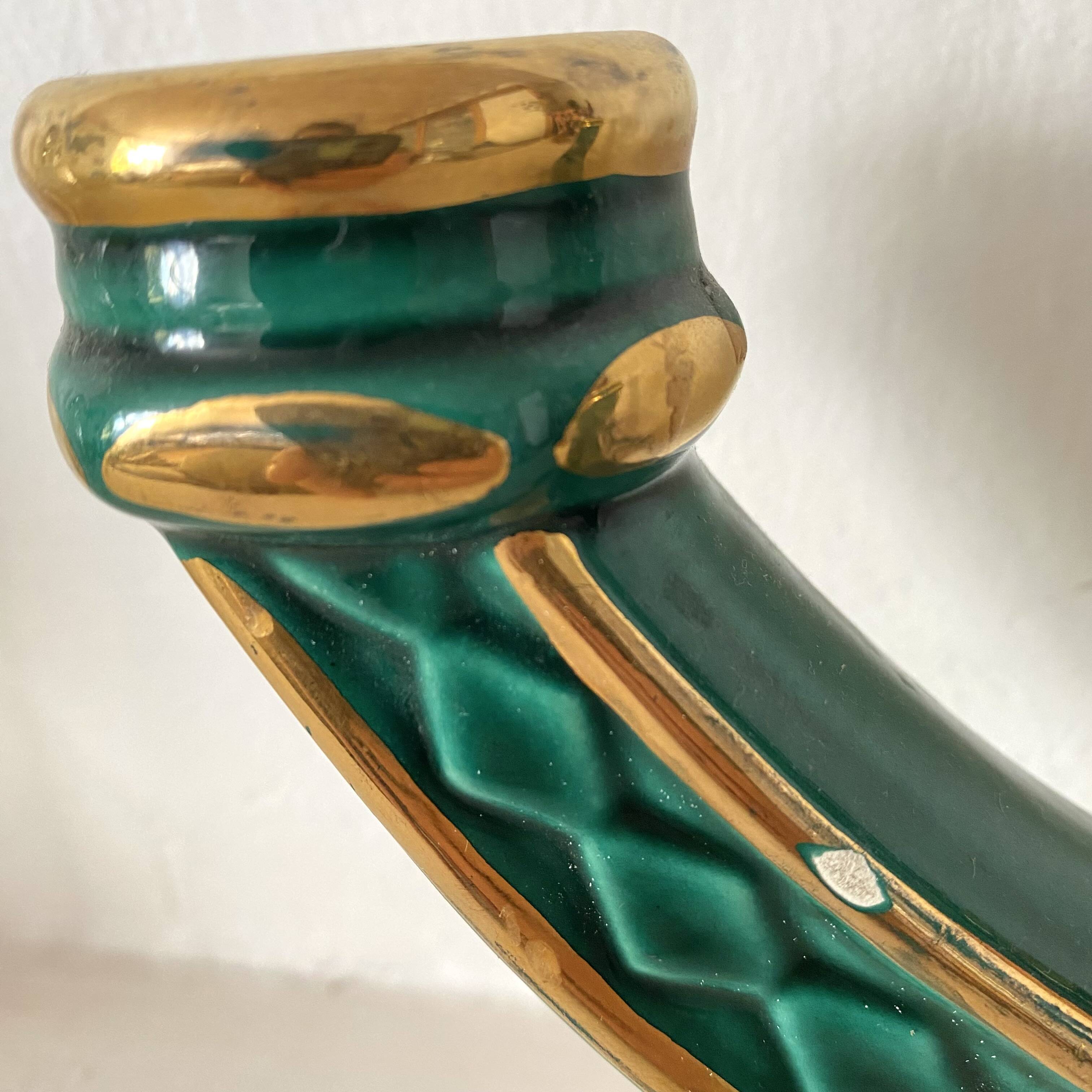 Bougeoir double art déco vert et or