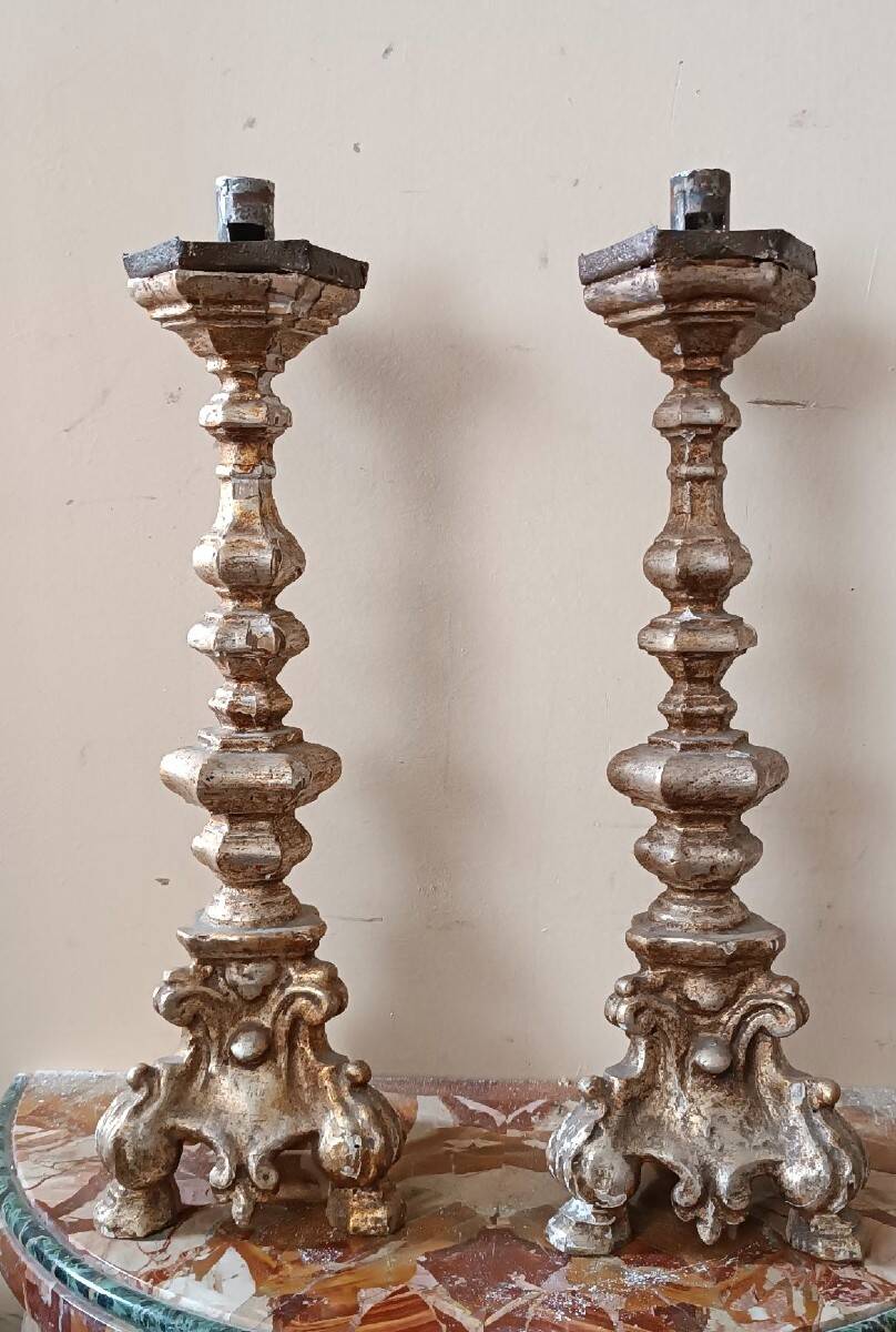 Pair of antique candlesticks from Italy, 18th century.