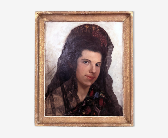 Tableau huile sur panneau représentant une jeune ibérique