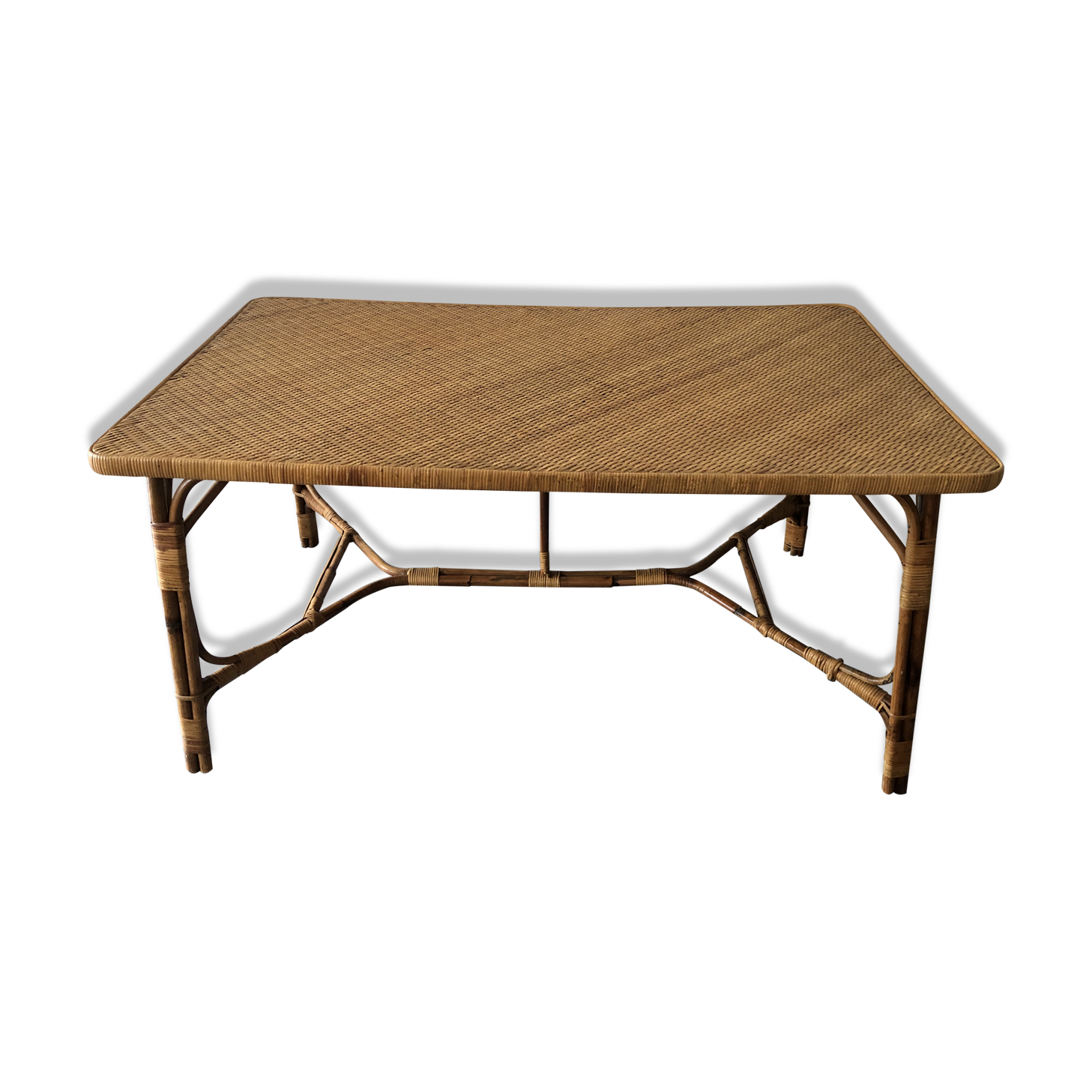 Vintage rattan table 6 people by Louis Sognot