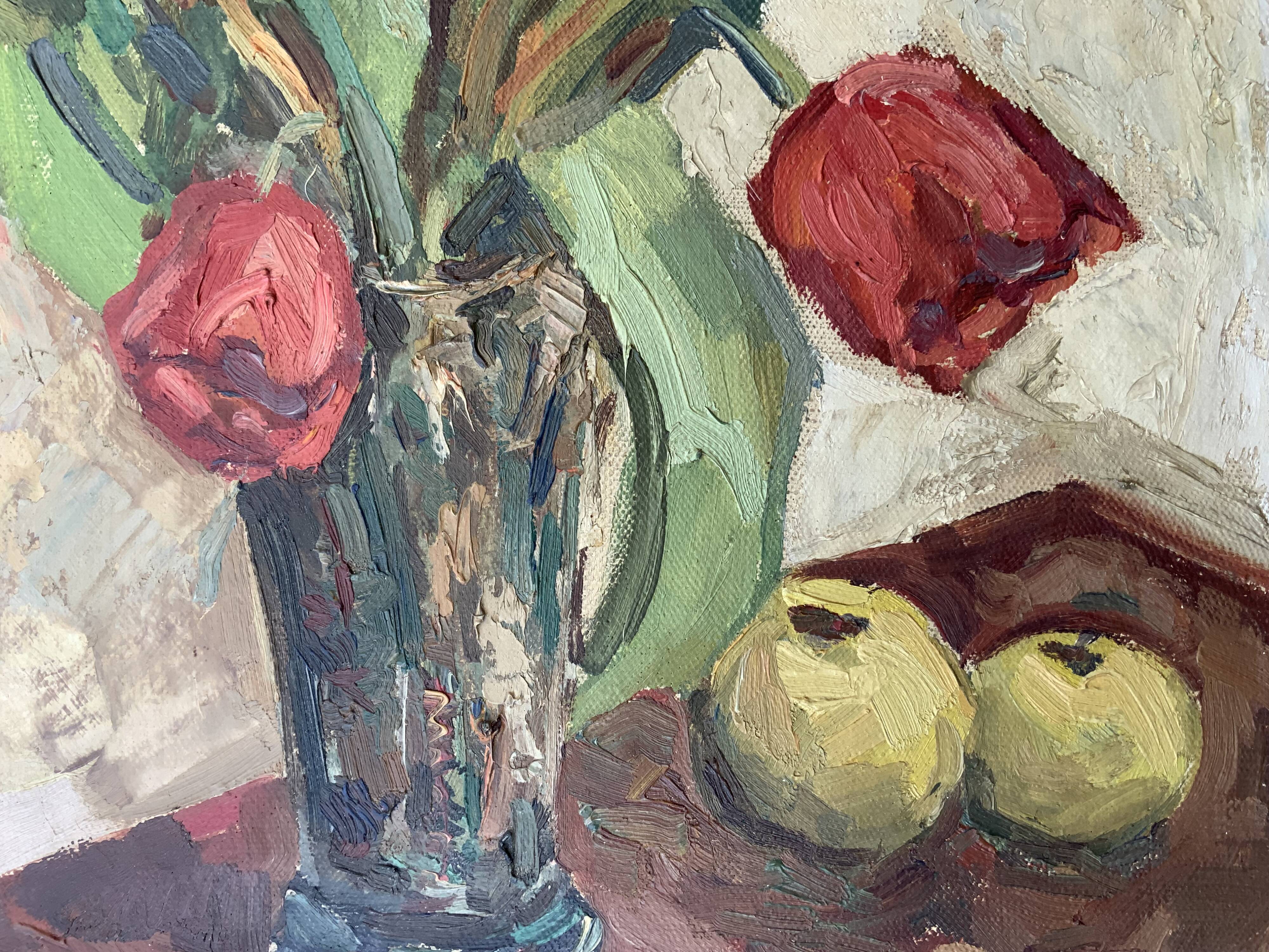 Vintage Still life with Tulips and apple, Oil Painting signed by M. Jonsson