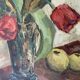 Vintage Still life with Tulips and apple, Oil Painting signed by M. Jonsson