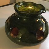 Old Bulb Pot Vase or Brasero Candle Holder Green Enameled Terracotta Pottery