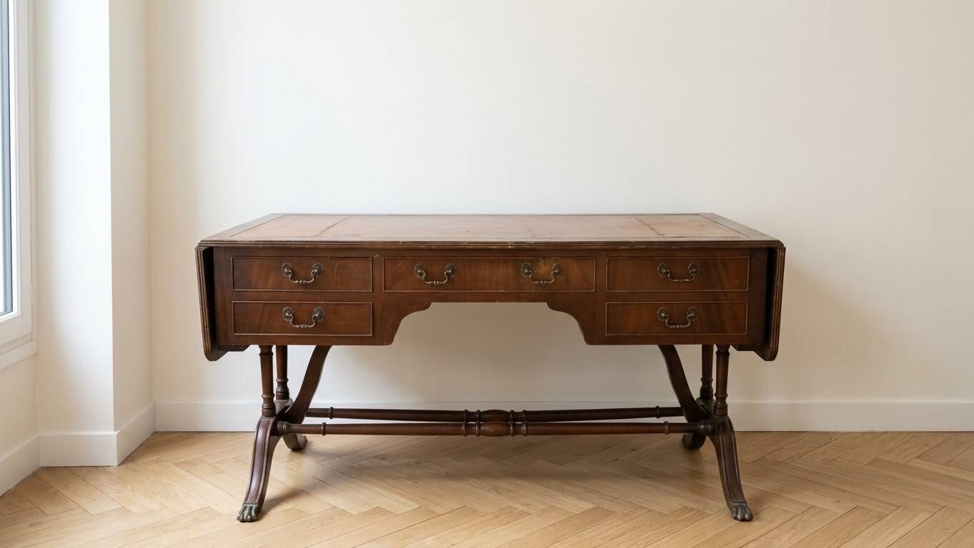 Antique wooden desk with a faux leather top and extensions.