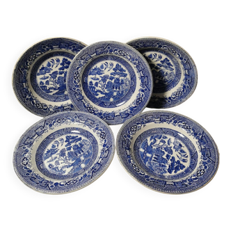 Ensemble de 5 assiettes Creuses Amandinoise de Saint Amand décor Willow Pattern XIXème