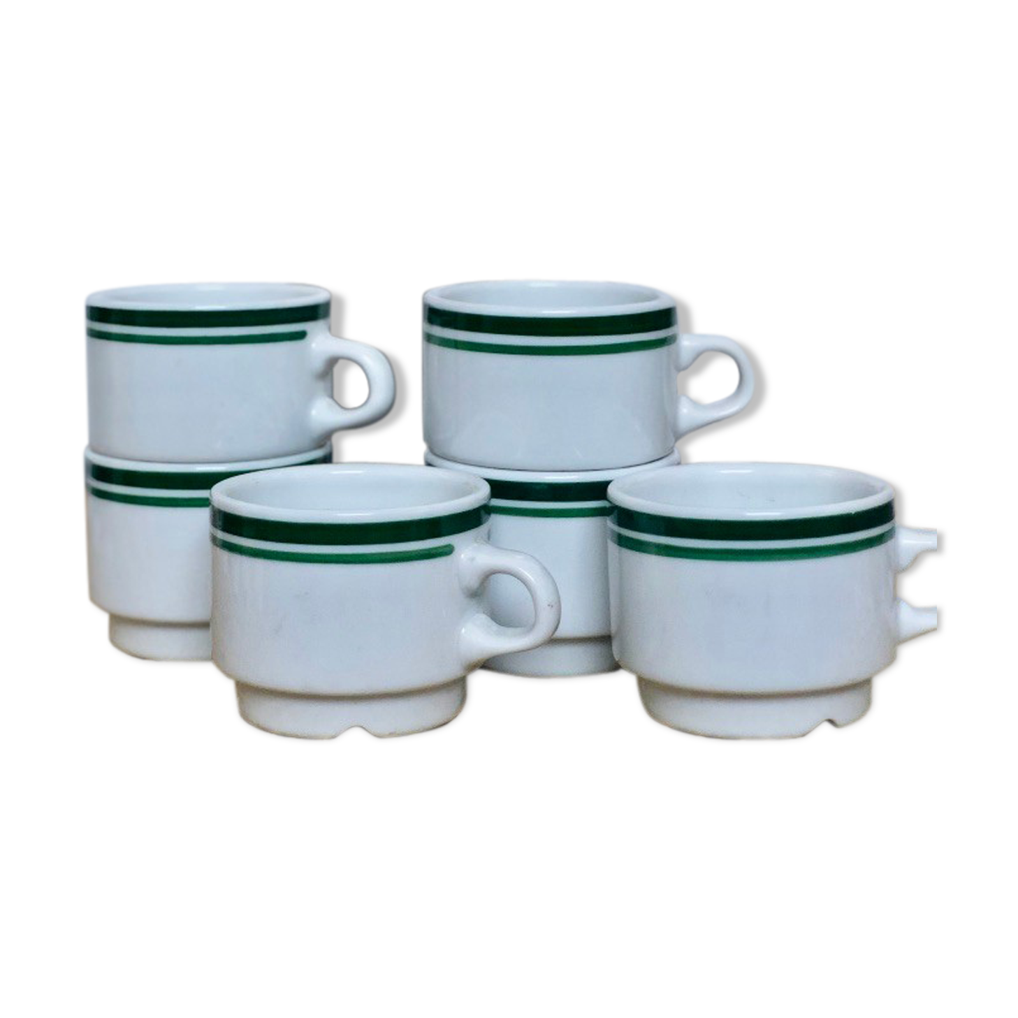 Lot 6 white porcelain cups green stripe