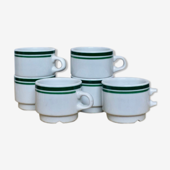 Lot 6 white porcelain cups green stripe