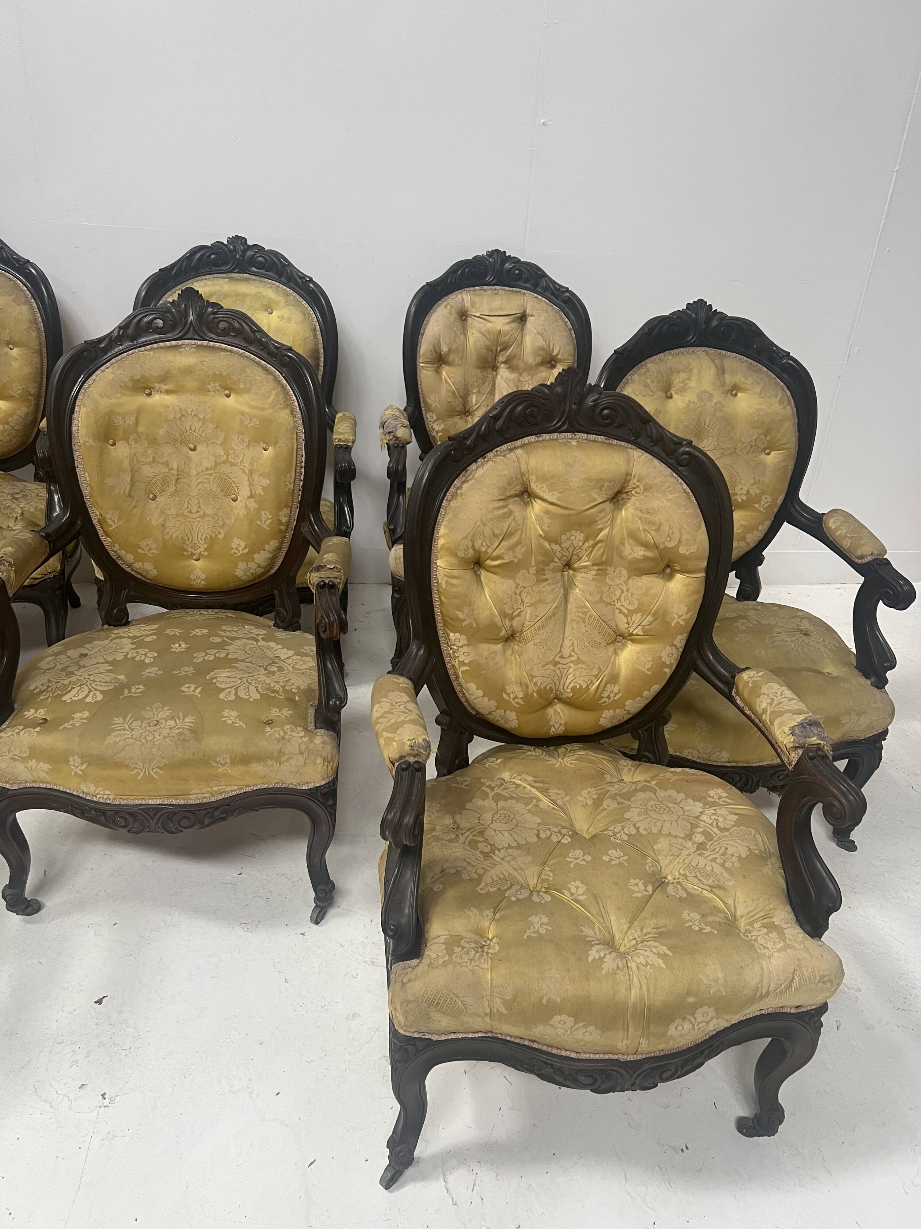 Set of eight Napoleon III style Louis XV armchairs in rosewood, 20th century.