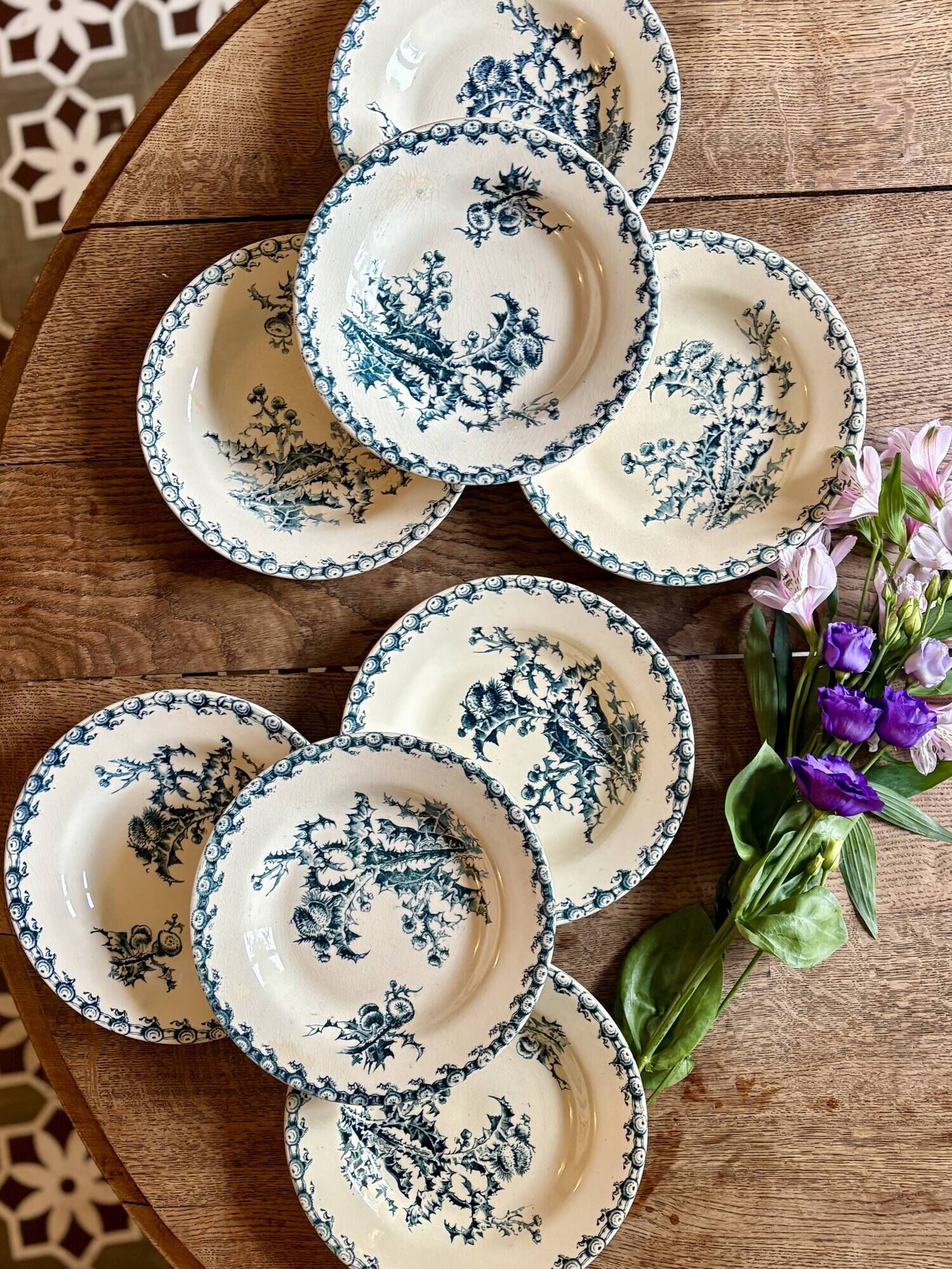 Set of 8 antique deep plates in ironstone, Chardons de Gien
