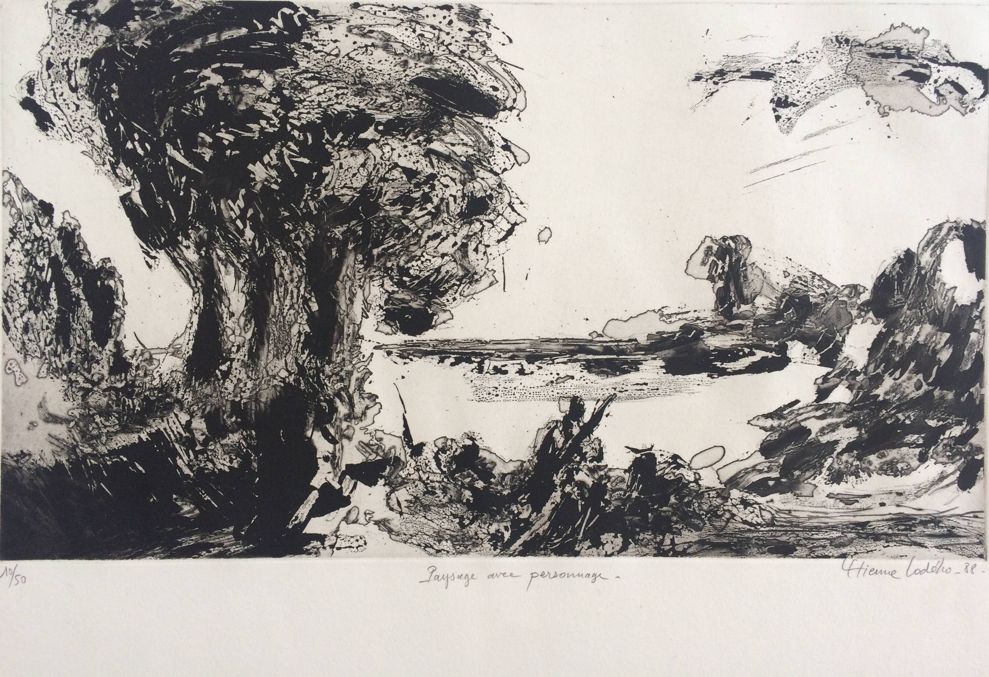 Etienne LODÉHO, Landscape with figure, 1988. Aquatint signed in pencil
