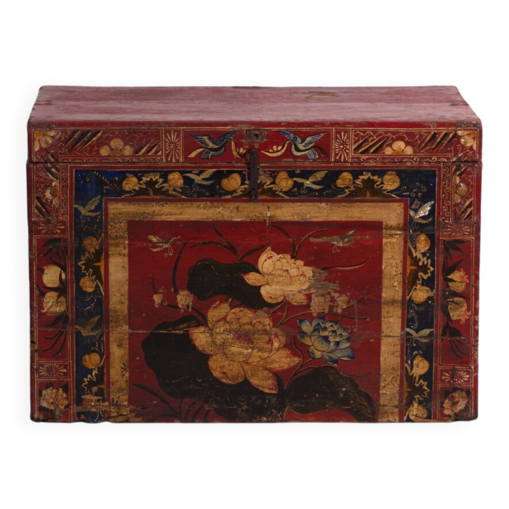 Antique chest painted vermilion red made of pine – China, circa 1900