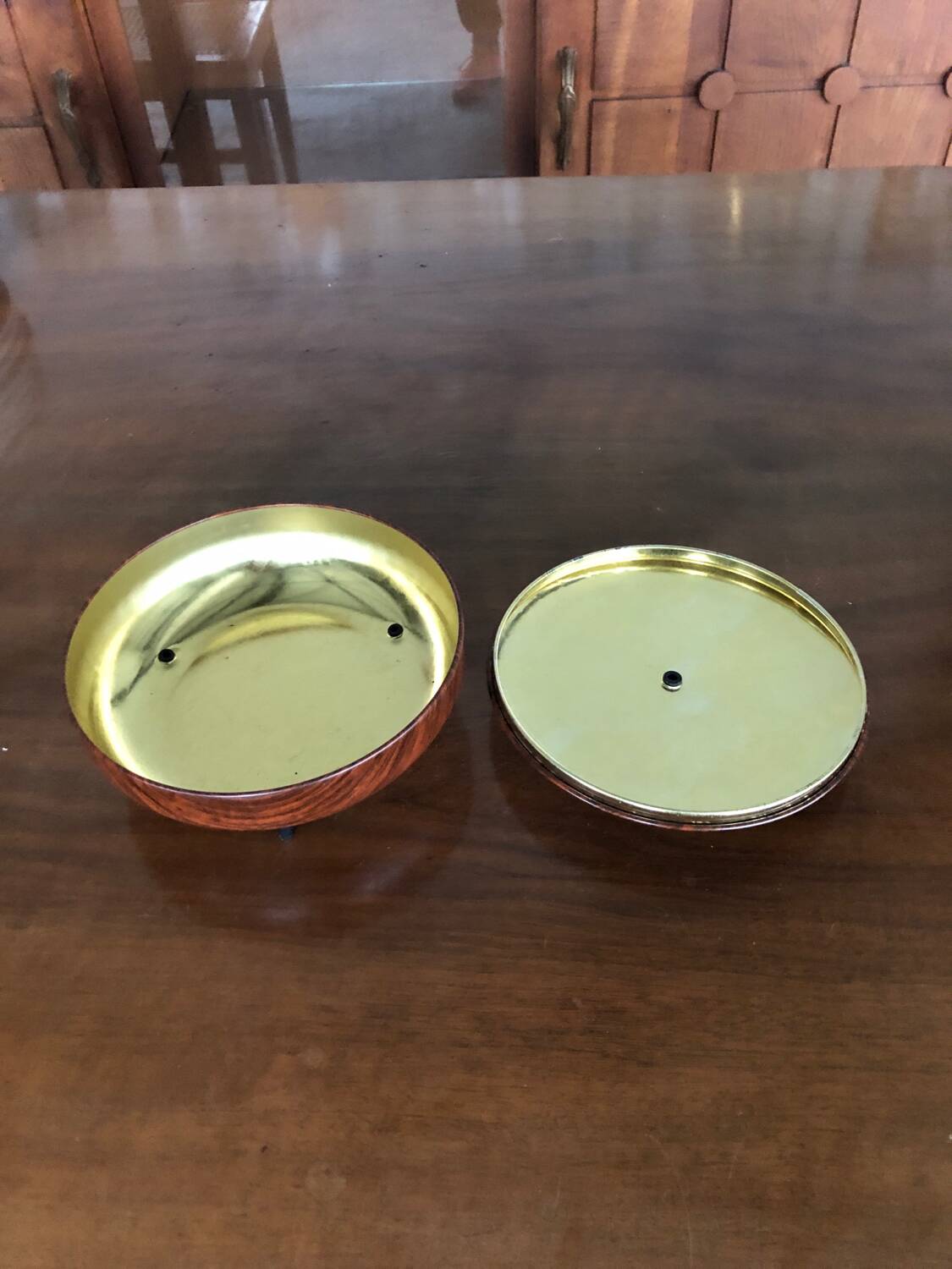 Metal candy box with gold interior wood effect
