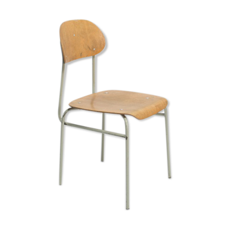 Vintage industrial plywood and steel Czech school chair, 1960s