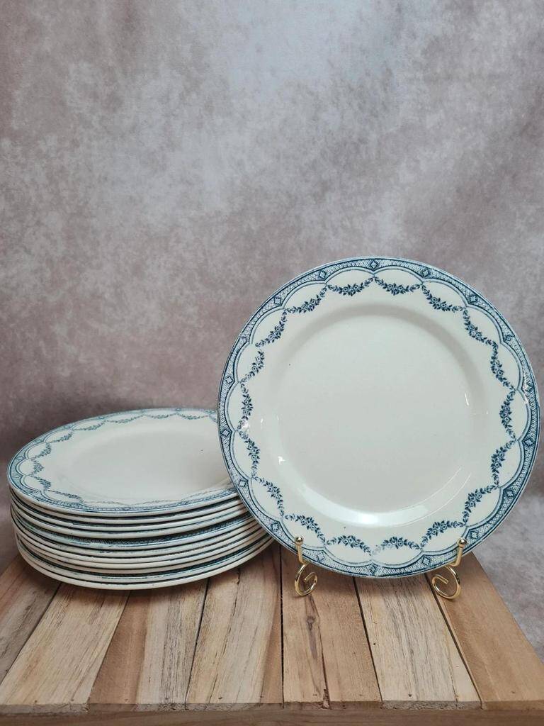 Set of 12 antique Salins "Petit Trianon" blue ironstone dinner plates.