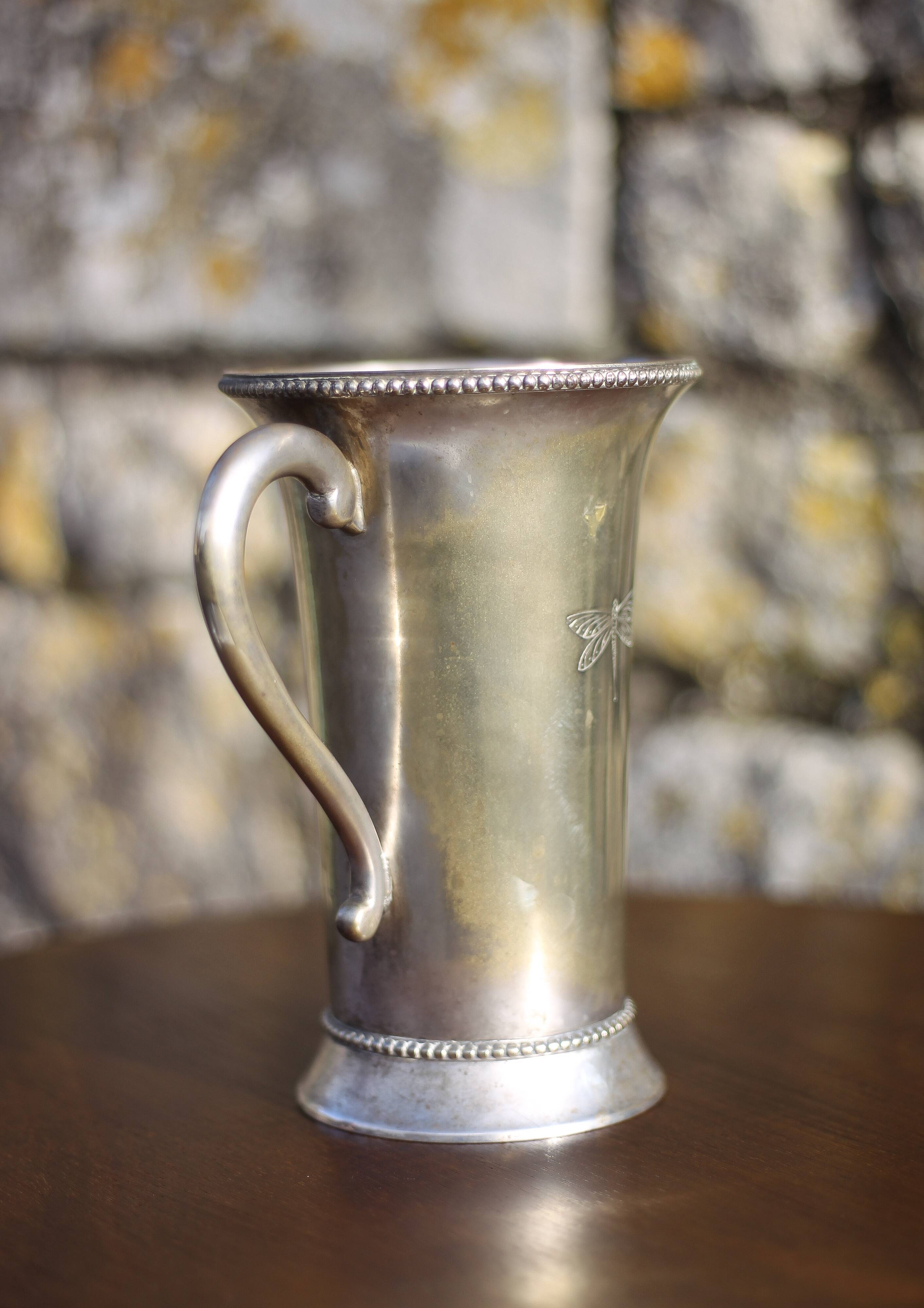 Antique metal carafe, jug, pitcher with handle, engraved dragonfly, collection
