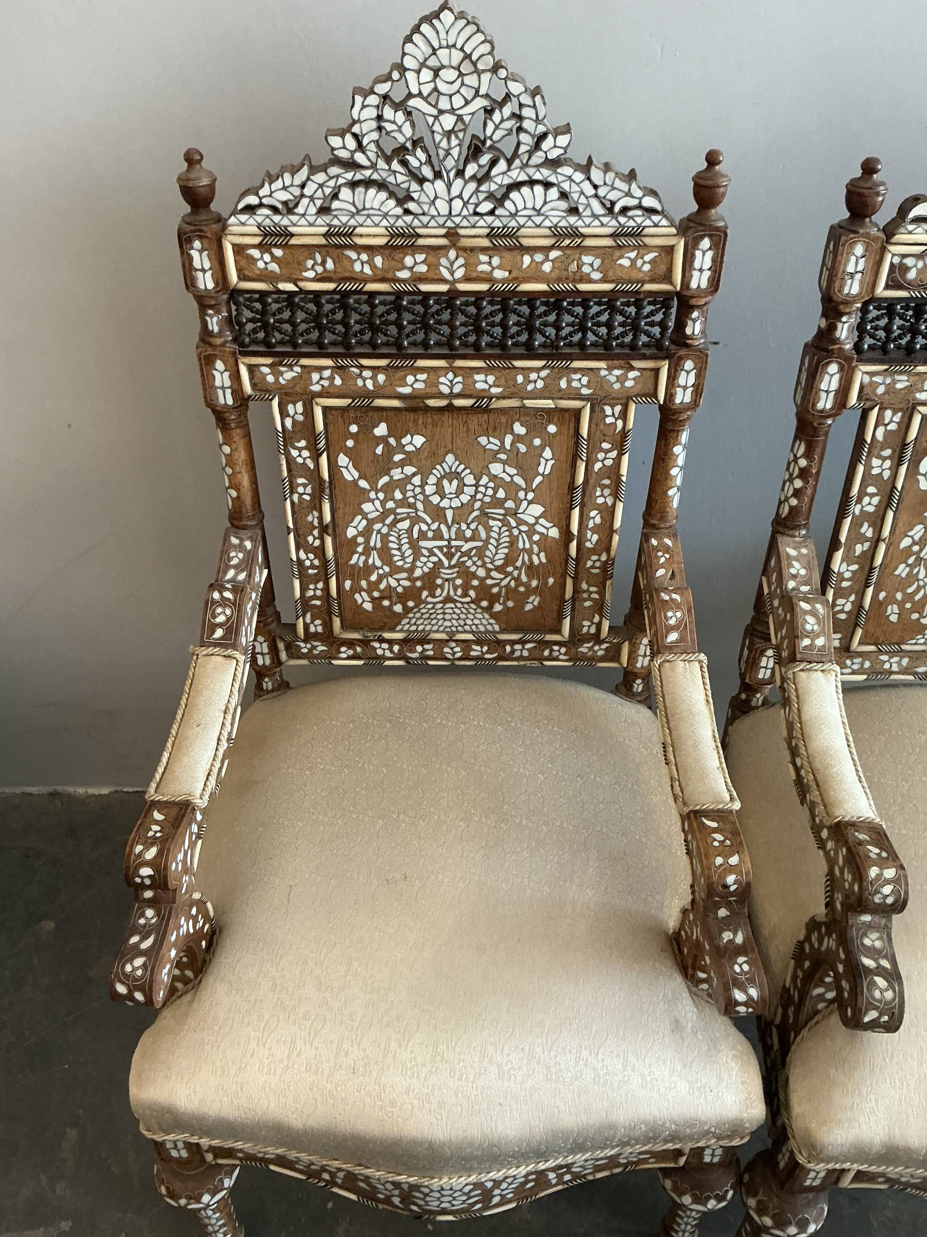 Syrian walnut armchairs inlaid with mother-of-pearl