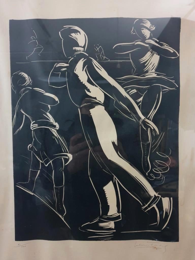 Linocut skating art deco painting - vintage sport - ice skates