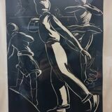 Linocut skating art deco painting - vintage sport - ice skates